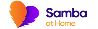 The image displays a logo with the text  Sambaz  above a stylized graphic, which appears to be an abstract representation of a building or structure, set against a gradient background that transitions from purple at the top to orange at the bottom.