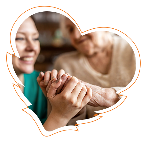 The image shows two elderly individuals holding hands with a warm smile, symbolizing affection and companionship.