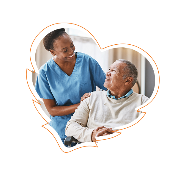An elderly man in a wheelchair being assisted by a female nurse with a heart symbol overlaying the image, suggesting care and love.